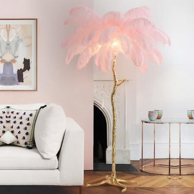 China Post-modern Feather Lights Brass Tree Resin Lamp Nordic Luxury Ostrich Feather LED Floor Lamp Standing Lamp for sale