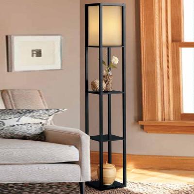 China Modern Luxury Nordic Wooden Standing Led Shelf Floor Lamp Black With Shelf Storage For Living Room for sale