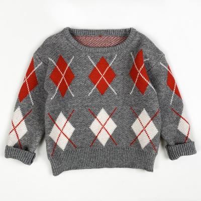 China Wholesale Bulk Winter Sweater Unisex Gray Jacquard Anti-Shrink Knitted Argyle Kids Pattern Crewneck Kids Sweater for sale