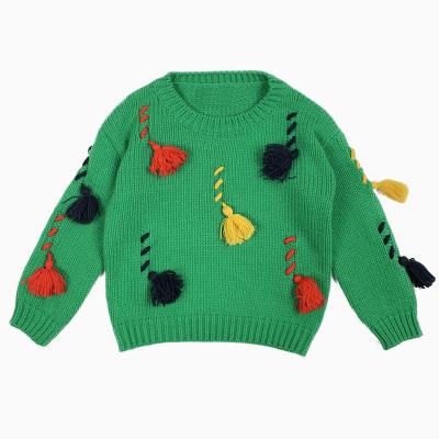 China Lovely Round Neck Kids Sweater New Design Christmas Tassel Kids Anti-Shrink Handmade Sweater for sale