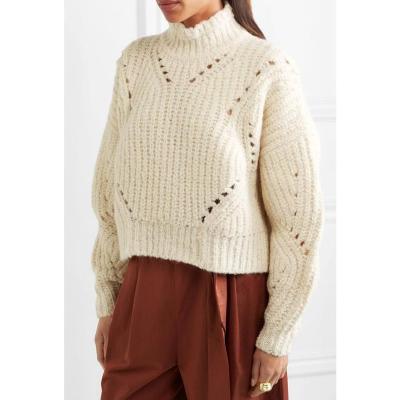 China Custom fashion anti-shrink wool puff sleeve ladies sweater crochet jacquard cable knit turtle neck oversized women sweater for sale