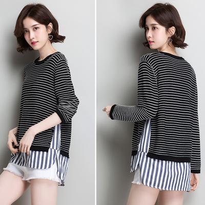 China Custom High Quality Silk Round Collar Ice Cream Pullover Nine-ponit Sleeve T-shirt Comfortable Soft Knitted Sweater Anti-Shrink Stripe For Women for sale