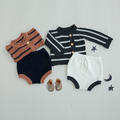 China 100% Cotton Amzaon Spring Knitted Design Striped Baby Outfits Top Sweater Cardigan and Pants Kids Clothes Suit for sale