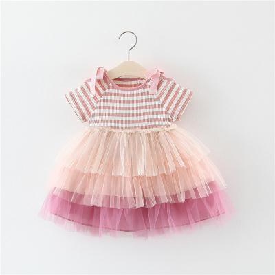 China Newest Design Striped Birthday Girls Anti Shrink Layered Dresses Summer Dancing Short Sleeve Knitted Cute Princess Cake Skirt for sale