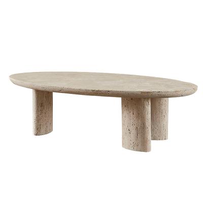 China Vintage Stone Table Maker Nature Stone 3 Legs Cream Travertine Center Oval Coffee Table for sale