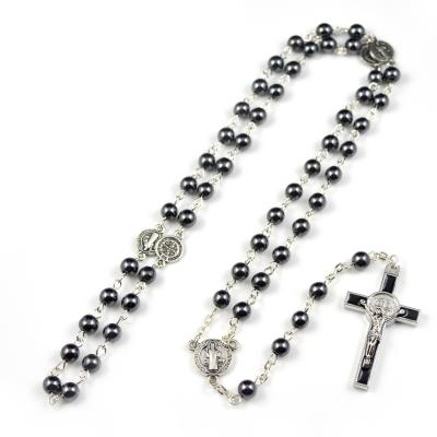 China Prayer Beads Jewelry Natural Hematite Stone Black Beads Silver St Benedict Medals Men's Chain Cross Rosary Stainless Steel Catholic Rosary Necklace for sale