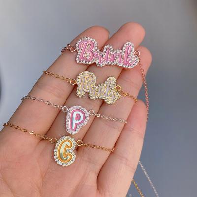 China Enamel Name Necklace Customized S925 Sterling Silver CZ Zircon Letter Necklace Jewelry Gold Chained Name Plated Enamel Initial Necklace For Women for sale