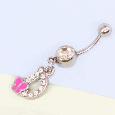 China Letter Belly Rings Piercing Jewelry Titanium Navel Rings Pink Butterfly Dangling Letter Belly Ring Belly Ring for sale