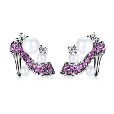 China Crystal Pave Real Gold Plating Boho High Heel Shoes High Quality Brass Ear Stud White Purple Cubic Zirconia Pave Pearl Heel Earrings Women for sale