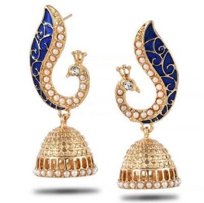 China Indian Handmade Earings Boho Peacock Bell Dangle Beads Beaded Crystal Jewelry Indian Gold Women Rhinestone Diamond Jhumka Jhumka Kundan Earrings for sale