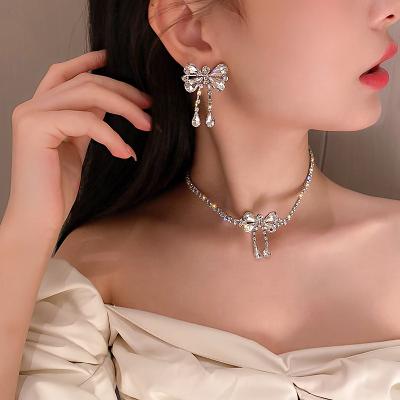 China Crystal Jewelry Set Full Diamonds Necklace Tennis Bow Tie Jewelry Set Bow Necklaces Earrings For Women Girls for sale