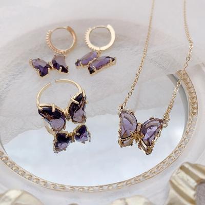 China Jewellry Crystal Butterfly Ring Necklace Earrings wholesale gold plated gold necklace three pieces set women for sale