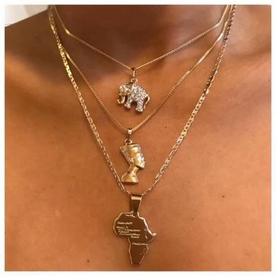 China Multi Name Necklace Stainless Steel Layer Fashion Necklace Jewelry Bohemian Elephant Head And African Map Pendant Gold Plated Layered Necklace Women for sale