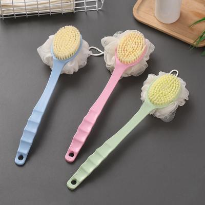 China Custom Logo Double Sided Body Bath Long Handle Shower Sweep Soft Natural Massage Scrubber and Bath Ball with Long Handle for sale