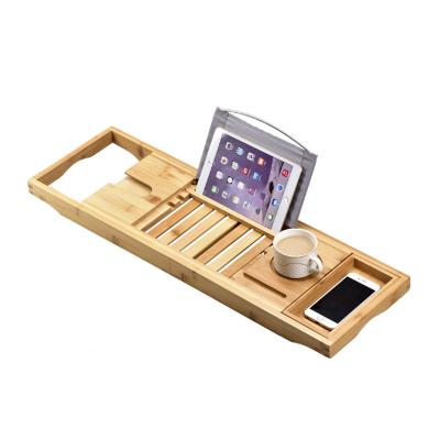 China Modern Bamboo Expandable Bath Tray Adjustable Bath Tub Organizer Cart with Wine Holder Cup Placement Reading Rack or Tablet Holder for sale