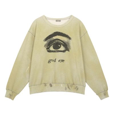 China High Quality Heavyweight 100% Cotton Vintage Wholesale Anti Shrink Graffiti Distressed Hole Washed Loose Round Neck Sweater for sale