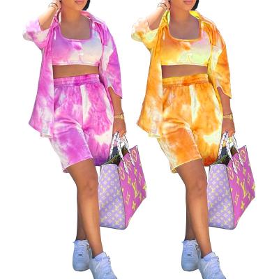 China Anti-Static Custom Logo Fitness Women Long Sleeve Sports Sweatshirt Tie Dye Short Set Crop Top Sets 3 Piece Activewear Workout Set for sale