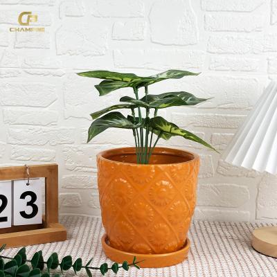 China Durable Factory direct Large Glazed Ceramic Garden Pots Orange Outdoor Planter with dish Indoor Flower Pots And Planters for sale