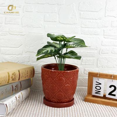 China Durable New Arrival Nordic Style Home Garden Supplies Glazed Flower Pot Wine red Round Ceramic Plant Pot with Dish for sale