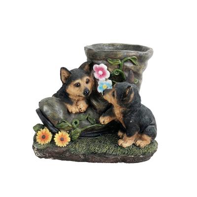 China Durable High Quality Custom Resin Garden Pots Planters Outdoor Large Cute Puppy Animal Flower Pot with Dog sits on the shoe for sale