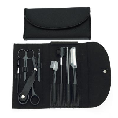 China Plastics Tool + PU Box 8 Pcs Eyebrow Shaping Trimming Set Black Eyebrow Scissors Tweezers Makeup Tool Kit for sale