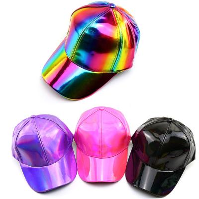 China JOINT Gradient Color Laser Baseball Cap Fashion Hat Shiny Leather Custom 5 Panel Hat for sale