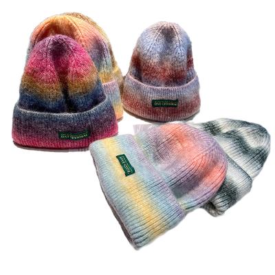 China COMMON Thick Warm Beanie Autumn Winter Gradient Rainbow Knitted Hat Tie Dye Beanies for sale