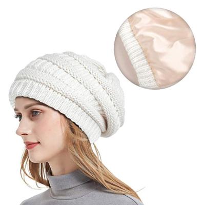 China Winter COMMON Hat Women Acrylic Knitted Beanies Satin Lined Beanie for sale