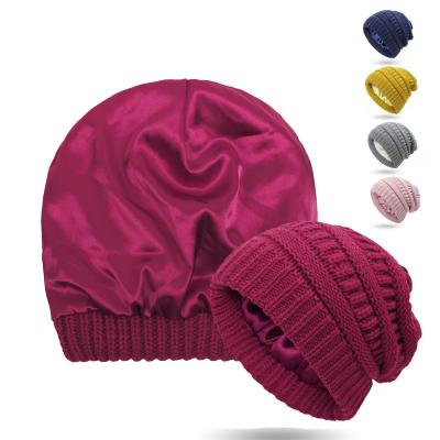 China JOINT Women Warm Winter Hats Satin Lined Beanie Knitted Hat for sale