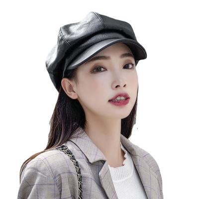 China Fashion\Comfortable\Durable PU Leather Trim Women Casual Vintage Newsboy Hat Winter Flat Beret Hats for sale