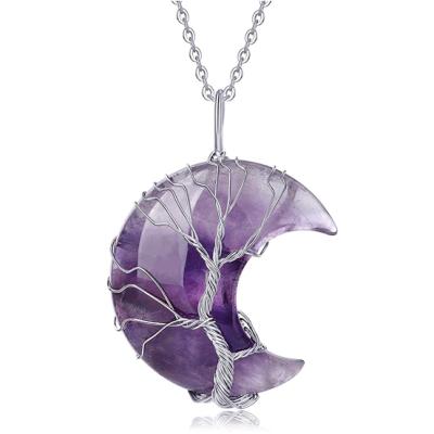 China Romantic Tree of Life Thread Wrapped Crescent Moon Pendant Healing Crystal Stone Necklaces for sale