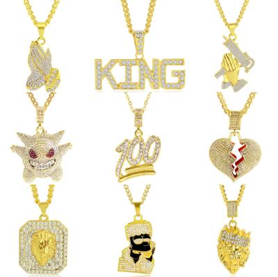 China TRENDY Hip Hop 15 Shapes King Heart Pendants Shiny Cuban Link Necklace Men Chain Jewelry Gold for sale