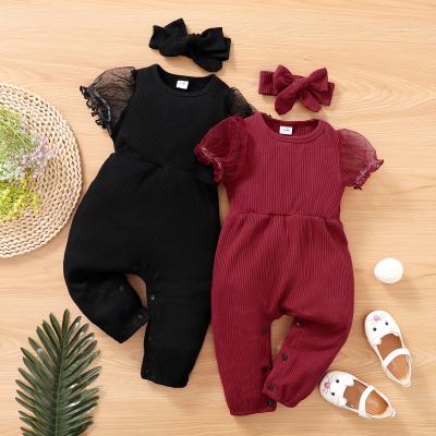 China Wholesale Polyester/Cotton Baby Jumpsuits Ruffled Solid Lace Sleeve Cotton Rib Romper and Headband For Babies for sale