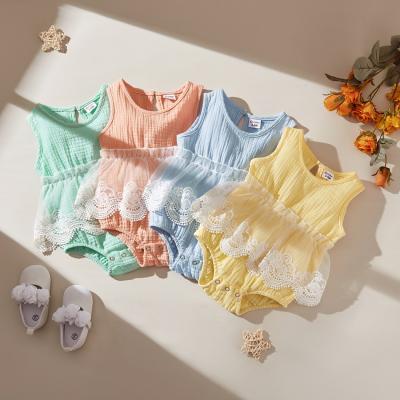 China Wholesale Polyester / Cotton Baby Jumpsuits Ruffled Sleeveless Solid Cotton Lace Romper For Babies for sale