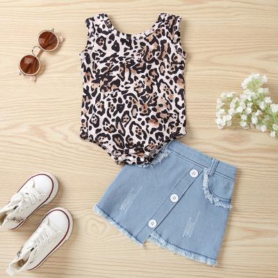 China New 2 Pcs Babies Sleeveless Leopard Romper Outfits Breathable Clothing + Jeans Skirt Set For Baby for sale