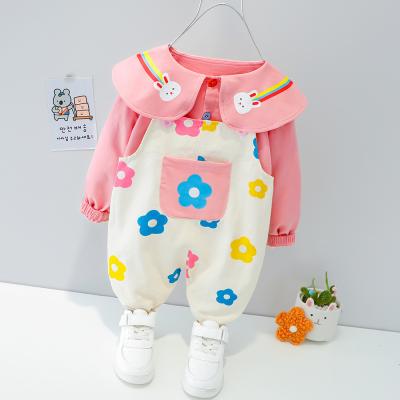 China New 2Pcs Girls Casual Clothing Set Long Sleeve Cartoon Printed Shirt +Floral Jumpsuits Pants Outfits For Girls for sale