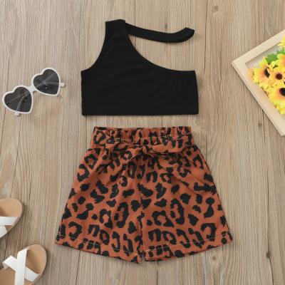 China New Fashion Girls Summer 2Pcs Solid One Shoulder Rib Top And Leopard Casual Shorts Clothes Sets for sale