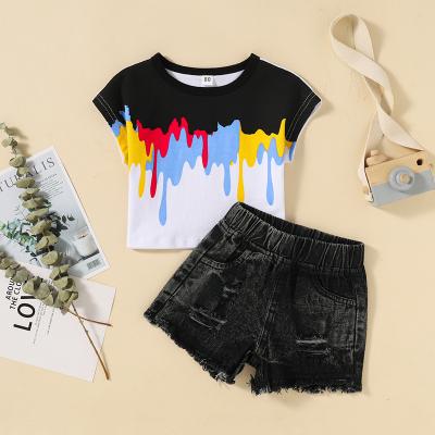 China New Fashion Casual Summer 2Pcs Girls Printed Short Sleeve Shirt Top And Ripped Denim Shorts Clothes Sets for sale