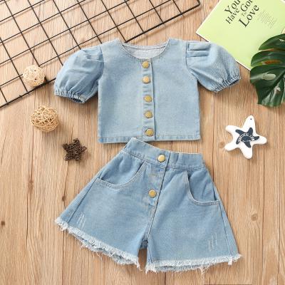 China New Fashion Casual Girls Summer 2Pcs Solid Short Sleeve Denim Tops And Shorts 2 Pcs Jeans Clothing Sets for sale