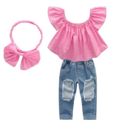 China Casual Boutique Summer Girls Off Shoulder Tops With Ripped Jeans Pants And Headband 3pcs Dressing Sets for sale