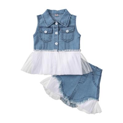 China New Boutique Toddler Girls 2 Pcs Casual Dress Set Jeans Patchwork Tulle Solid Sleeveless Top + Skirt Dress Set For Girls for sale