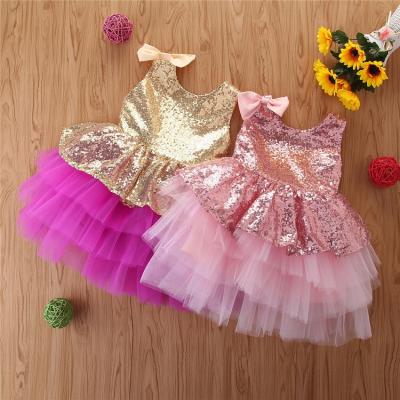 China Wholesale High Quality Anti-static Beautiful Shiny Bow Princess Dresses Wedding Party Sequin Ball Gown Babies Dress for sale