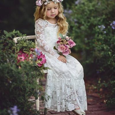 China Wholesale Anti-static Kids White Dress Wedding Bridesmaid Dresses Long Sleeves Lace Up Girls Dress Dresses for sale