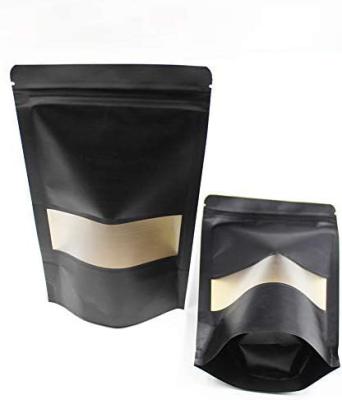 China Recyclable Black Resealable Kraft Paper Bags Zip Lock Black Holder Up Snack Zipper Pouch Tote Bags With Matte Window And Tear Notch for sale