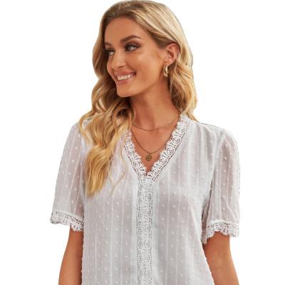 China New Solid Color Summer Workable Deep V-Neck Chiffon Shirt Women's Short Sleeve Embroidered Lace Tops OEM Customized for sale