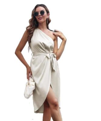 China New Style Washable Women's Simple Off The Shoulder Dress Satin Wrap Skirt Slanted Dress for sale