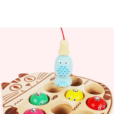 China Pine Cute Cat Wooden Game Fishing Toys For Toddlers Skill Learning Magnet Pole Sling Fishing Beads Educational Smart Toy for sale