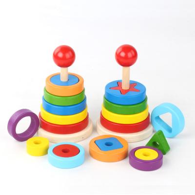 China Construction Toy Wooden Toys Rainbow Tower Matching Stacking Rings Building Puzzles Educational Toys Color Shape Recognition Geometric Study for sale