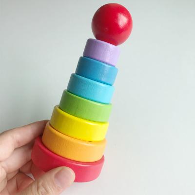 China Building Toy Wooden Rianbow Tower Shape classification toy for kids color and train recognition of geometric building blocks for sale