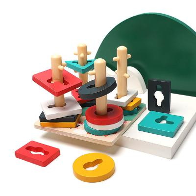 China Hemu + Montessori Splint Wooden Four-Column Children Shape Assorted Geometric Building Blocks Set Early Education Toys for sale